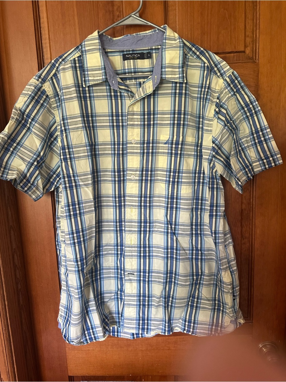 Nautica Short-Sleeve Blue and White Plaid Button-Down Shirt